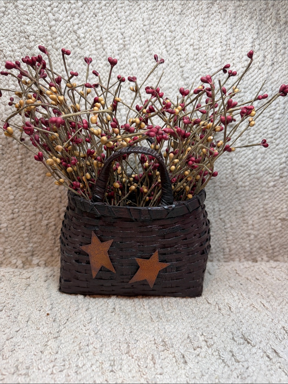 Primitive Rustic Brown Woven Accent Basket with Star Details